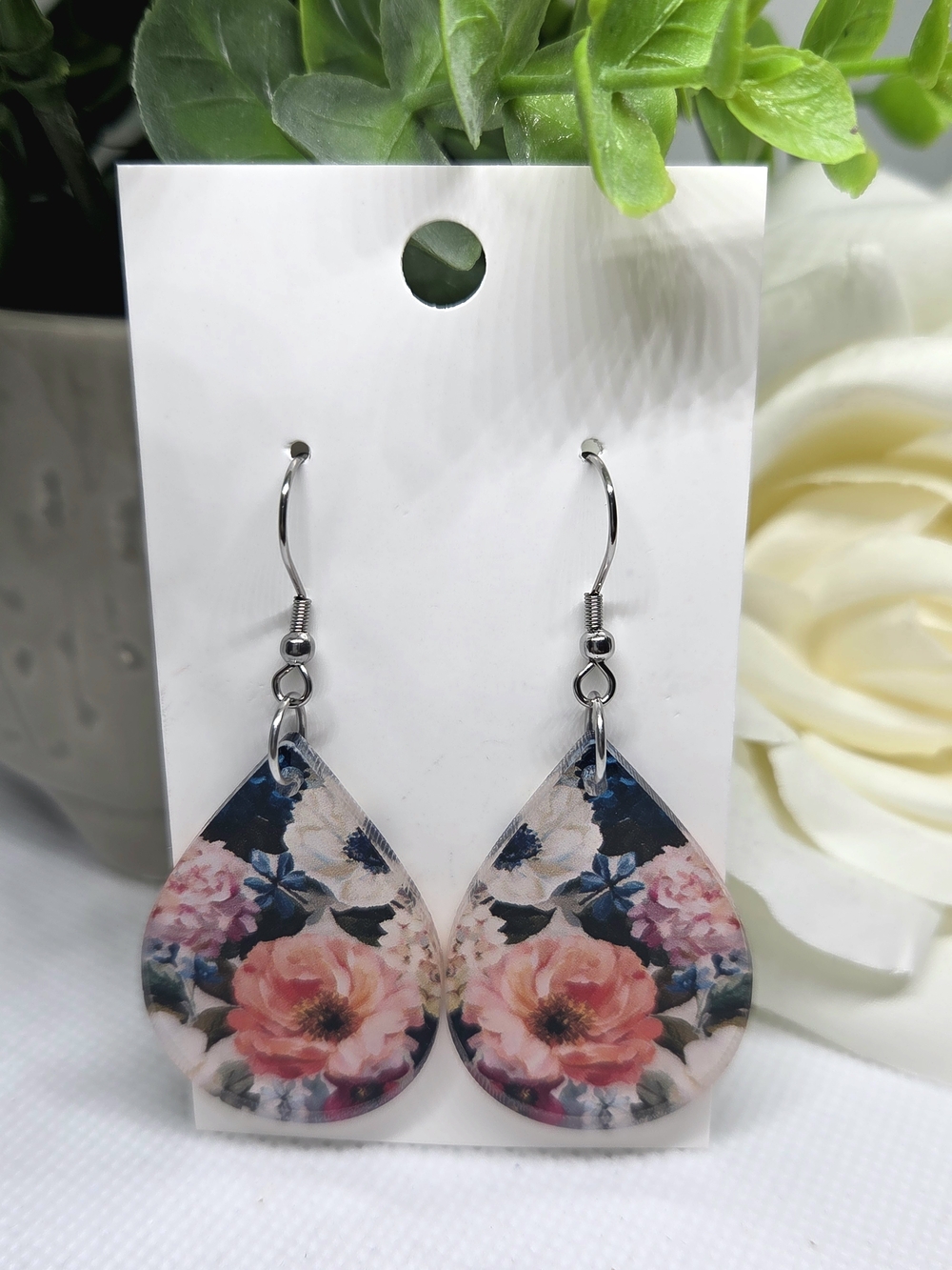 Floral Teardrop Dangle Earrings - Pink/Blue